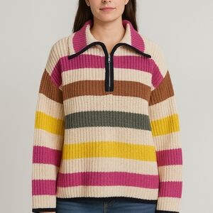 Free Assembly Women's Multicolor Striped Half-Zip Ribbed Sweater Size M‎ – Retro